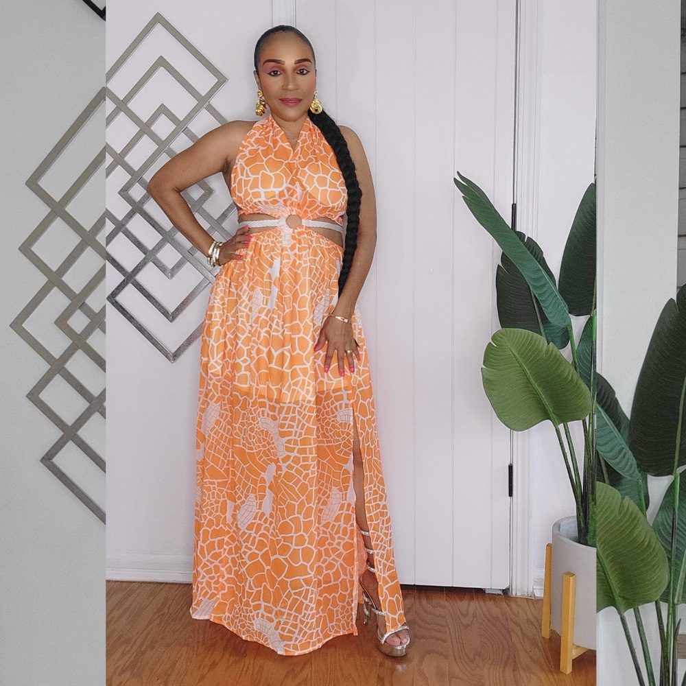 The Orange Summer Halter Backless Dress with Front Split